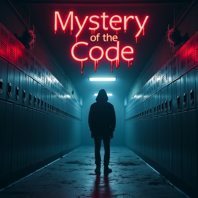 The cover features a dimly lit school hallway with flickering lights and shadows, creating a creepy atmosphere. The walls are lined with lockers, and there are spider nests to enhance the eerie vibe. At the top of the hallway, there is a figure wearing a hoodie, partially obscured by shadows, adding to the sense of mystery and tension.