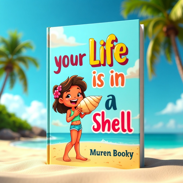 The cover features a vibrant and colorful cartoon character smiling and holding a large seashell. The character stands against a backdrop of a sunny beach with palm trees and a clear blue sky.