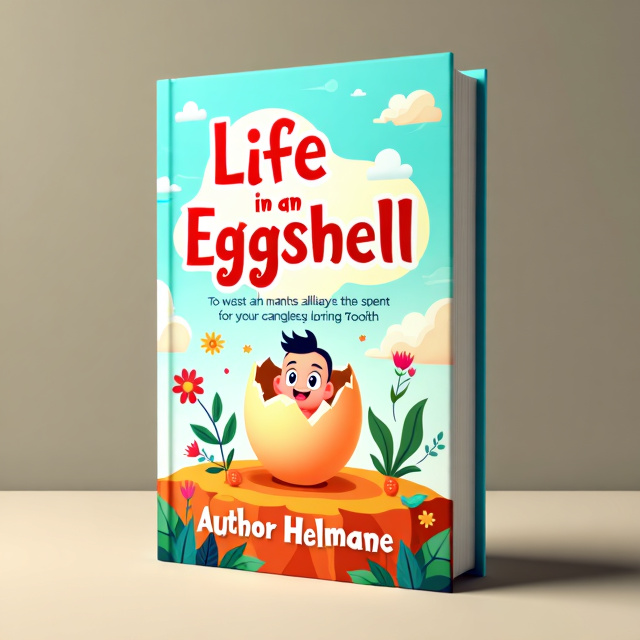 The cover features a vibrant and playful cartoon character, representing the concept of life in an eggshell. The character is shown bursting out of a cracked egg, symbolizing the journey of personal growth and self-discovery. The background is illustrated with colorful patterns and elements to convey positivity and energy.