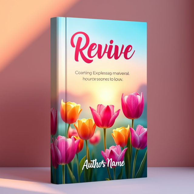 The cover features a vibrant and colorful bouquet of flowers in the foreground, symbolizing the revival and blossoming of love. In the background, we see a soft, pastel-colored sunset, creating a warm and romantic atmosphere. The title "Revive" is placed centrally, with elegant and flowing typography, radiating positivity and energy.