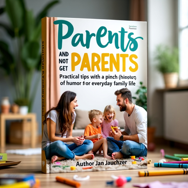 The cover features a vibrant and dynamic scene of a family in a chaotic yet joyful moment. Parents are shown laughing while their children play with toys and crayons. The living room is depicted as messy but filled with love and laughter.