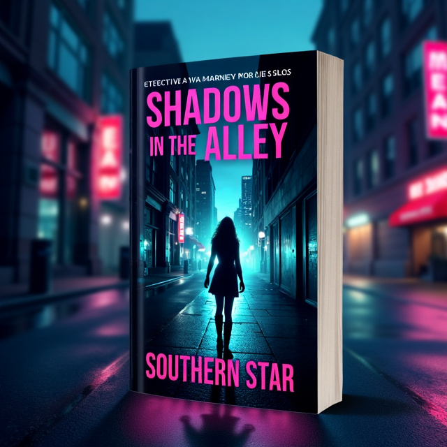The cover features a nighttime cityscape with a dark and moody atmosphere. Detective Ava Martinez stands confidently at the entrance of a narrow alley, her silhouette partially illuminated by the beam of her flashlight. A shadowy figure lurks in the background, barely discernible. Above the scene, the city skyline looms, with neon lights reflecting off the wet pavement.