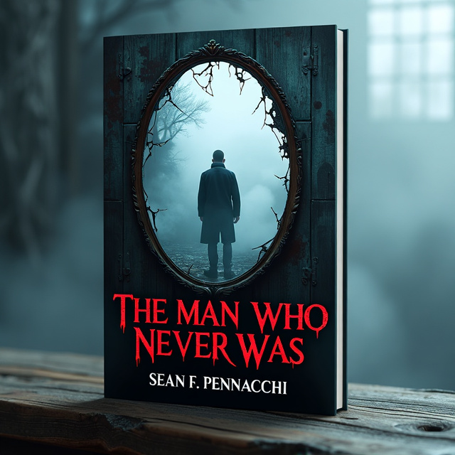 The cover features a photorealistic twisted mirror, with cracks and distortions on the surface. In the reflection of the mirror, a man is seen standing alone in a thick fog, his silhouette partially obscured. The overall mood is dark and eerie, with hints of witchcraft elements incorporated into the mirror's design.