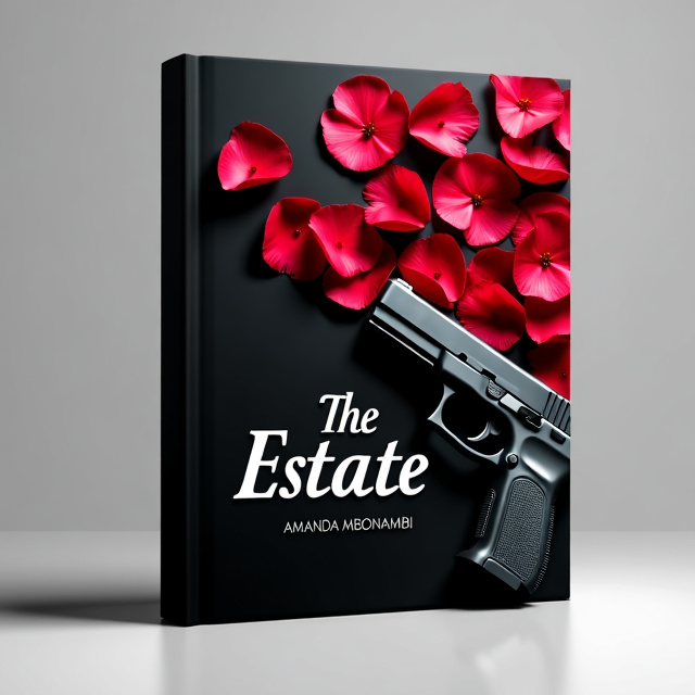 The cover design features a stark black background with a soft focus image of red flower petals scattered across the top half of the cover. Resting on top of the flower petals is a sleek black pistol, partially hidden among the petals.