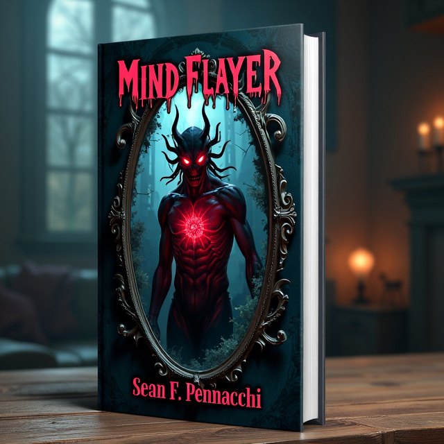 The cover features a photorealistic twisted mirror as the central element, reflecting a dark and eerie scene of a Mind Flayer. The mirror is cracked and distorted, adding to the sense of unease and mystery. The Mind Flayer is depicted in shadowy black and red tones, with glowing red eyes and tentacles emerging from its head. The overall atmosphere is sinister and foreboding.