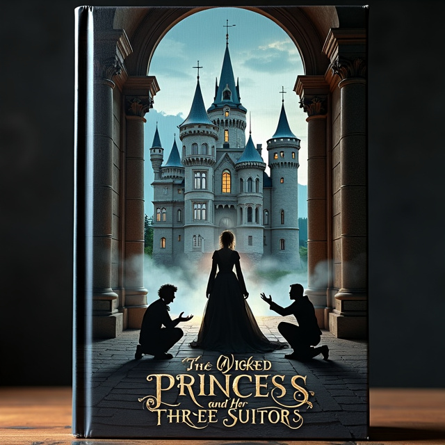 The cover features a grand European castle in the background, with the silhouette of a wicked princess standing at the entrance. In the foreground, three suitors are depicted, kneeling before the princess in an act of loyalty. The overall mood is dark and mysterious, hinting at the cruelty and romance that awaits within the story.