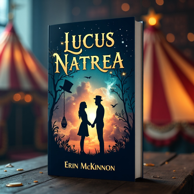 The cover features a dark and mysterious background with a hint of a circus tent in the distance. In the foreground, we see a silhouette of a couple holding hands, with sparks of magic emanating from their fingertips. There are also subtle elements of circus imagery, such as a top hat and a trapeze. The overall style is enchanting and captivating.