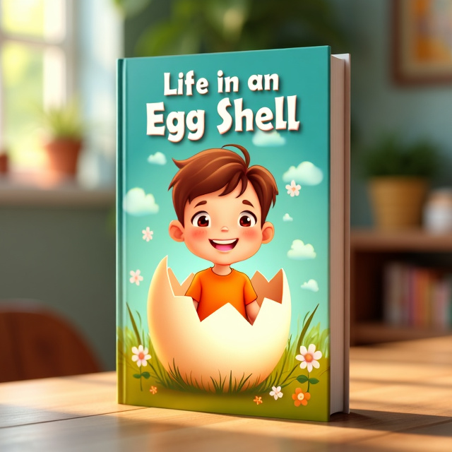 The cover features a cartoon-style illustration of a boy sitting inside an eggshell. The boy is smiling and surrounded by warm and vibrant colors to evoke a positive and fantasy-like atmosphere.