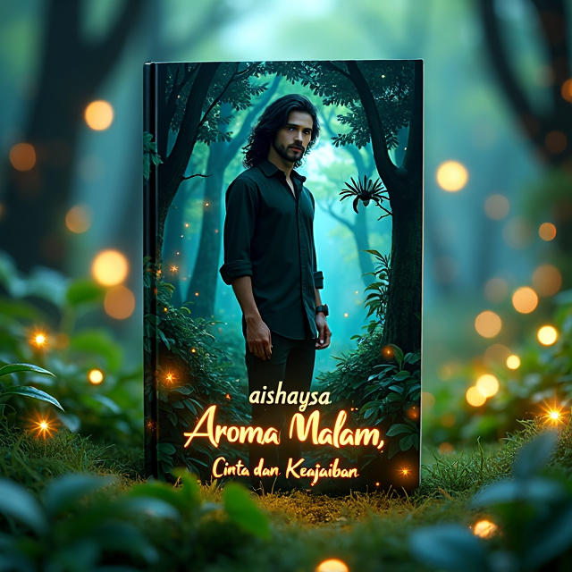 The cover features a lush and magical forest scene with vibrant green foliage and twinkling stars in the night sky. In the center stands a handsome man with black flowing hair and captivating eyes, exuding an aura of mystery and charm. Surrounding him are glowing fireflies, creating a dreamlike atmosphere. In the foreground, a small fairy with delicate wings dances gracefully, while a beautiful brunette-haired night nymph stands beside her, emanating an enchanting presence.