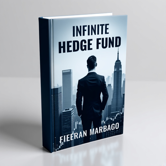 The cover features a close-up image of a businessman in a sleek suit, standing against a backdrop of city skyscrapers. The image is in black and white, with subtle hints of blue to add a touch of sophistication. The title "Infinite Hedge Fund" is displayed prominently at the top in bold, clean typography. At the bottom, there is a subtle, semi-transparent overlay of stock market graphs and charts, representing the financial aspect of the book.