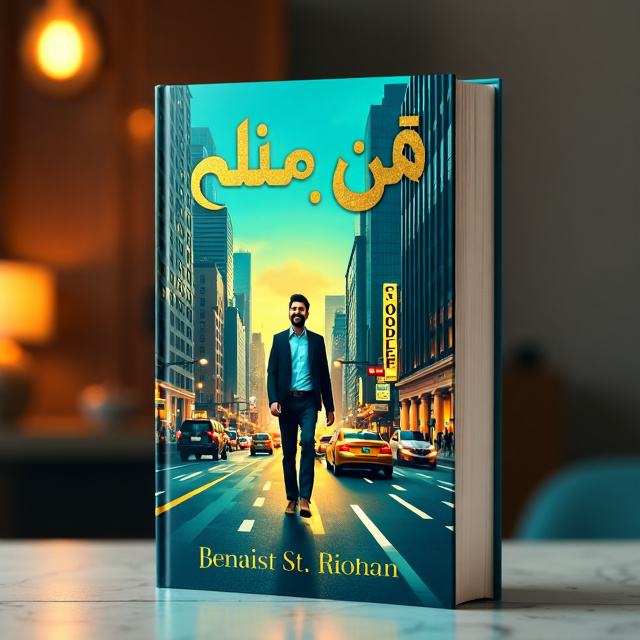 The cover features a vibrant, bustling cityscape in the background, with tall buildings and busy streets. In the foreground, a happy and determined individual is depicted, walking confidently amidst the chaos. The colors used are a combination of deep turquoise, golden accents, and black, creating a sense of sophistication and elegance.