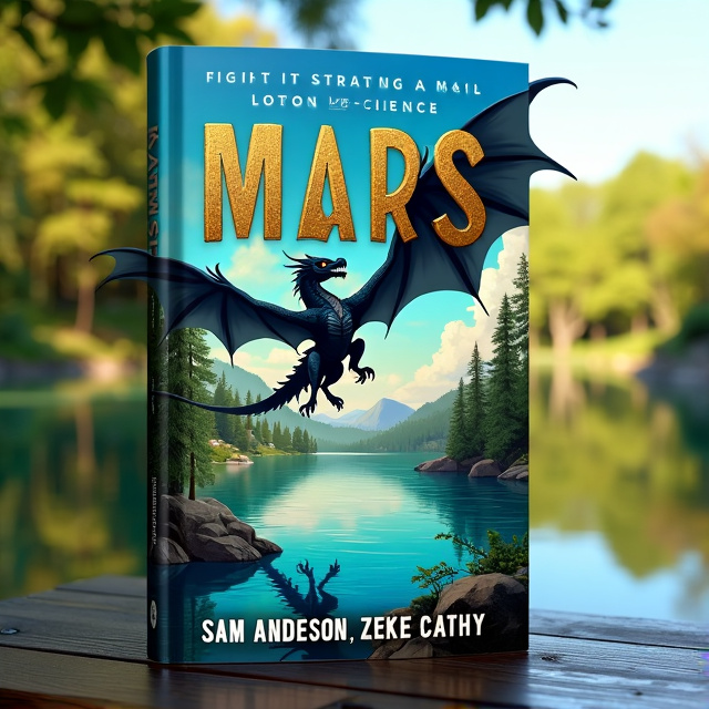 A vibrant and colorful scene of a serene lake surrounded by lush green trees and a clear blue sky. In the foreground, a majestic, big black dragon is gracefully flying above the water, with its wings spread wide. The dragon's scales shimmer in the sunlight, radiating an aura of power and mystery.