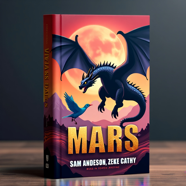 The cover features a majestic big black dragon in flight, with its wings spread wide. In the foreground, there is a dramatic scene of the dragon engaged in a fierce battle with a big blue bird. The background showcases a vibrant and fantastical Mars landscape with mountains and a glowing red sky.