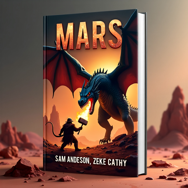 The cover features a big black dragon in the center, with its wings spread wide and flames coming out of its mouth. It is in the midst of a fierce battle with a dwarf, who is swinging a hammer at the dragon. The background is a desolate Martian landscape, with red rocks and a hint of futuristic structures in the distance.