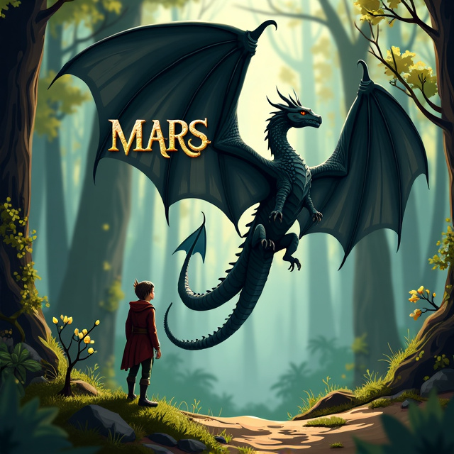 The cover features an illustration of a majestic black dragon, its wings outstretched, towering over a lush forest. In the foreground, an elf is shown looking up at the dragon with a sense of awe and wonder.