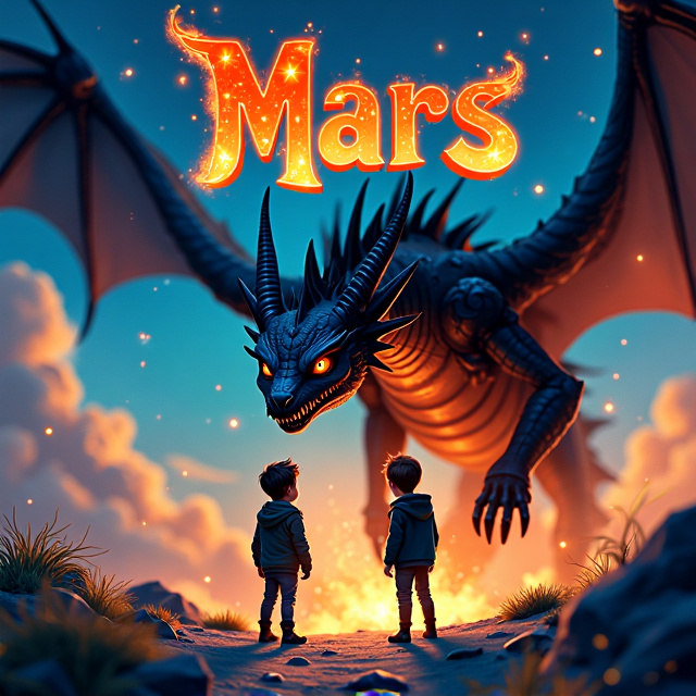 The cover features a vibrant and colorful illustration of two young boys standing in awe before a majestic, big black dragon. The dragon dominates the scene, with its wings spread wide and fiery breath illuminating the sky. The boys are depicted with expressions of wonder and excitement, showcasing the happy emotion expected for the cover. The overall visual style is fantastical and captivating, inviting readers into an enchanting world.