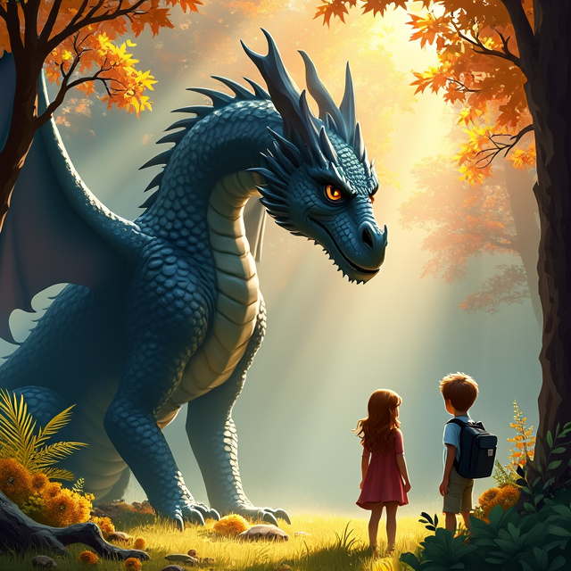 The cover features a vibrant and lush forest scene with rays of sunlight shining through the trees. In the center, a big black dragon stands tall and majestic, its scales shimmering in different shades of black and silver. In the foreground, two 13-year-olds, a boy and a girl, are looking up at the dragon in awe and excitement.