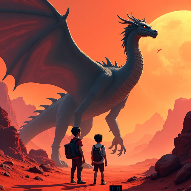 The cover features a vibrant background of a Martian landscape, with red and orange hues dominating the scene. In the foreground, there are two 13-year-old boys standing side by side, looking up in awe at a massive, black dragon that looms above them.