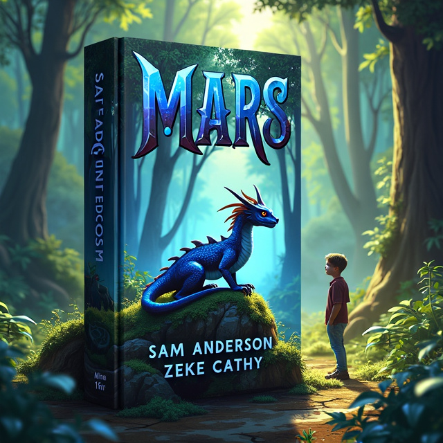 The cover features a breathtaking scene of a lush forest, with tall trees and vibrant foliage. In the center, a small dragon is perched on a moss-covered rock, its iridescent blue scales glimmering in the sunlight. Two 17-year-old boys stand in awe, gazing at the majestic creature with wide eyes.