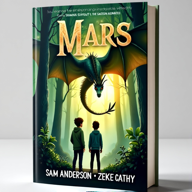 The cover features a lush forest with towering trees and vibrant foliage. In the center, a majestic dragon is depicted, its wings spread wide and scales shimmering in the sunlight. Two 17-year-old boys stand at the forefront, gazing up in awe at the dragon.