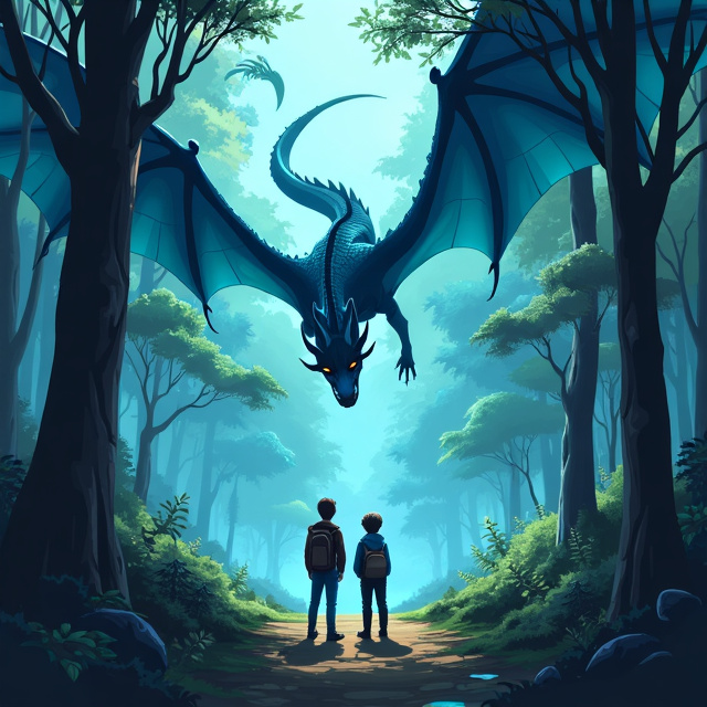 The cover features a lush, mystical forest with towering trees and ethereal fog. In the center, a majestic dragon soars through the sky, its scales shimmering in shades of blue. On the forest floor, two 17-year-old boys stand in awe, gazing up at the dragon in wonder.