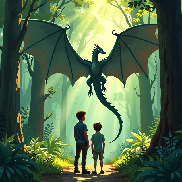 The cover features a lush forest scene with rays of sunlight streaming through the trees. In the center, there is a magnificent black dragon with its wings spread wide. Two 17-year-old boys stand in awe, looking up at the dragon in the foreground.