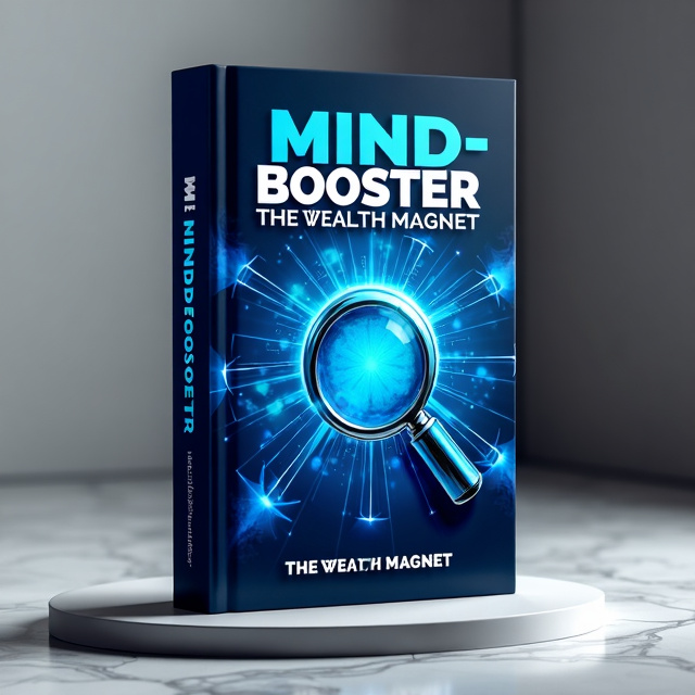 The cover features a vibrant and dynamic abstract design in deep blue hues, representing the power and energy of the mind. A central focal point showcases a magnifying glass surrounded by swirling patterns, symbolizing the book's theme of unlocking wealth and prosperity through the mind. Rays of light emanate from the magnifying glass, signifying the illumination and clarity that comes from reading the book.