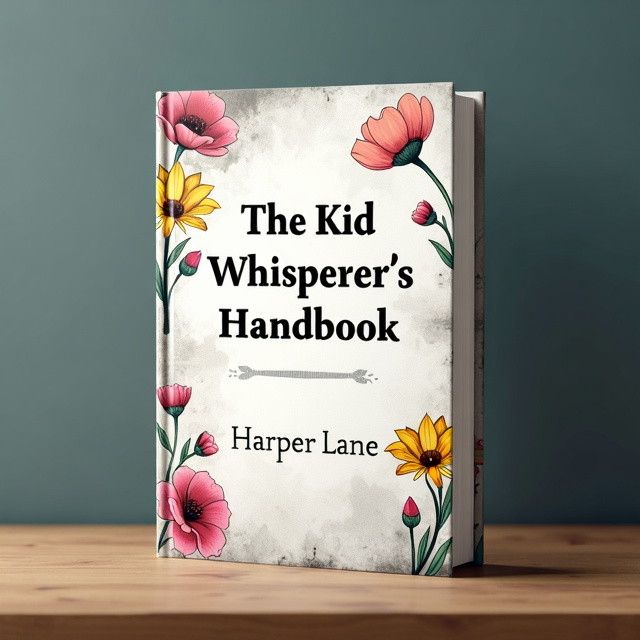 The cover features a weathered background of textured paper in a whiteish gray color. The title, "The Kid Whisperer's Handbook," is placed at the center in bold, clean typography. Surrounding the title are hand-drawn flowers, transparent enough not to overshadow the title but adding a subtle and intriguing element to the design.