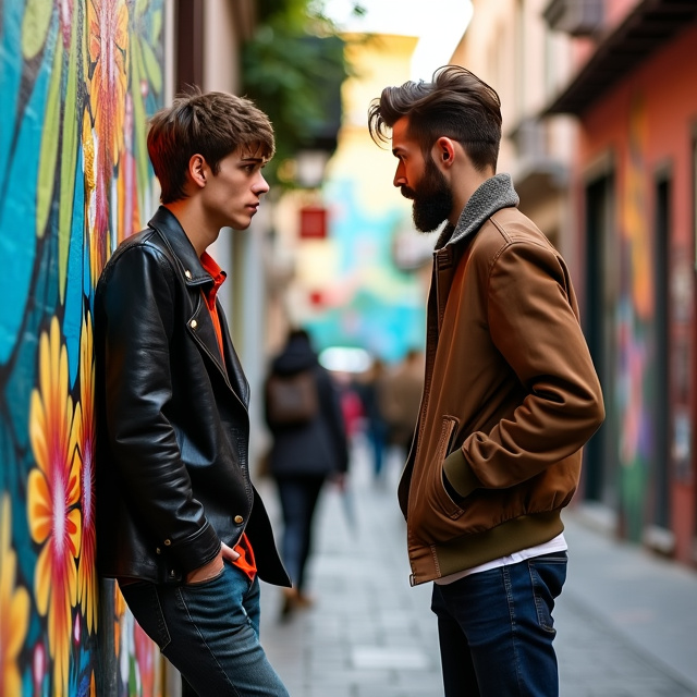 The background is a bustling street with vibrant murals and art galleries, symbolizing the artistic rivalry and creative backdrop of the story. Leo is leaning against a wall or a lamppost with a mix of intrigue and annoyance, while Julian is positioned nearby, adjusting a piece of clothing or artwork, and looking at Leo with admiration and tension in his steely grey eyes.