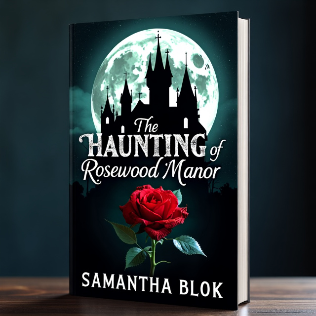 A black background with a full moon at the center, casting an eerie glow on a gothic haunted manor with four jagged turrets. On the foreground, a red rose stands prominently, its petals slightly tattered. Behind the rose, a silhouette of a woman in a regency style dress adds an air of mystery.
