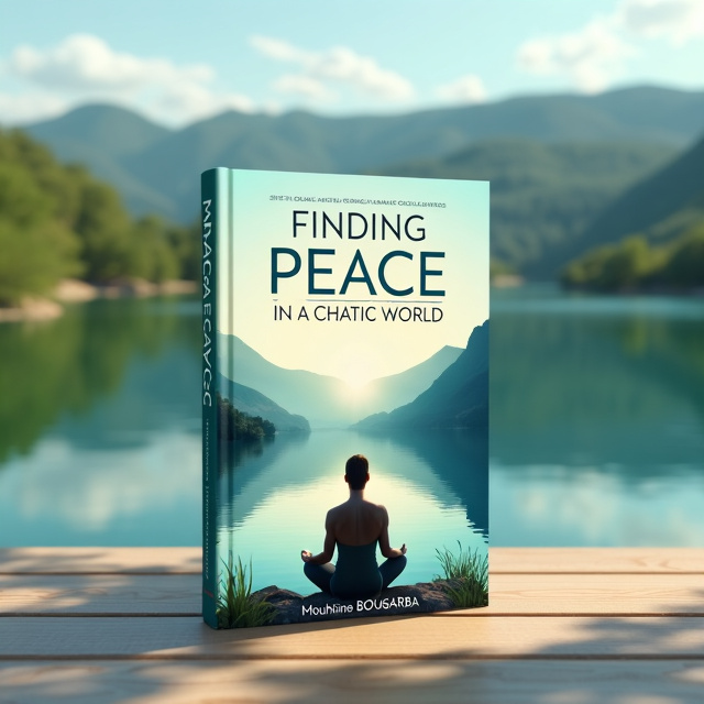 The cover features a serene and tranquil landscape, with a calm lake surrounded by lush greenery and a clear blue sky. In the foreground, there is a person sitting cross-legged, in a meditation pose, symbolizing the search for inner peace. The overall visual style is minimalistic and peaceful.