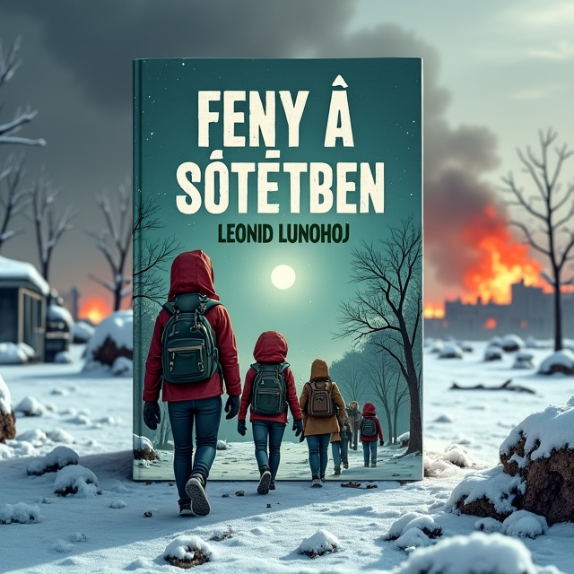 The cover features a snow-covered wasteland and a city on fire in the background, creating a sense of desolation and destruction. In the foreground, two girls and three boys are depicted, marching with heavy backpacks and guns in their hands, symbolizing their resilience and determination in the face of danger. The cover also includes trees in the distance, indicating a possible refuge or destination. Burning vehicles and corpses are scattered throughout, adding to the post-apocalyptic atmosphere of the book.