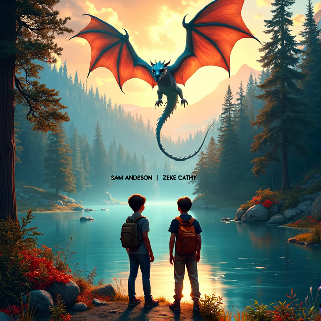 The cover features a lush and vibrant forest with tall trees and a shimmering lake in the foreground. Two 17-year-old boys stand on the edge of the lake, looking out in awe at the majestic scene. A magnificent dragon soars through the sky above them, adding an element of fantasy to the composition.