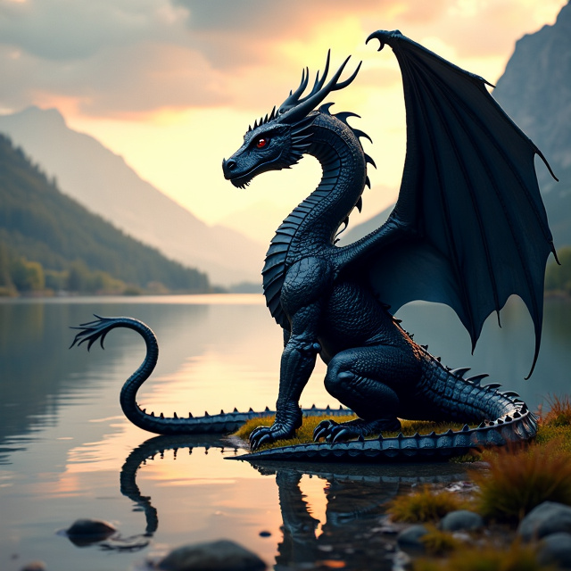 A majestic big black dragon standing next to a serene lake, with the reflection of the dragon and the surrounding landscape in the water. The dragon is depicted in a dynamic pose, with its wings spread wide, conveying a sense of power and awe.