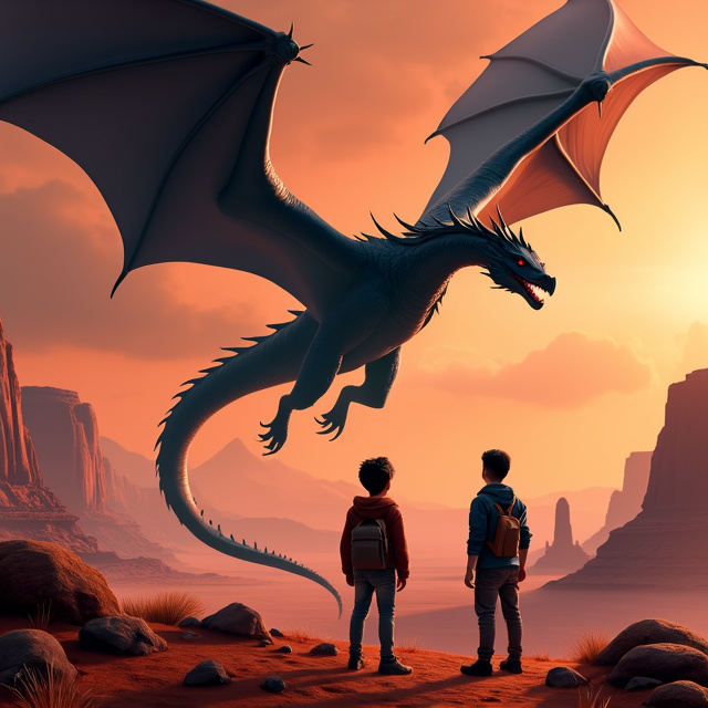 A stunning image of a big black dragon flying over a majestic landscape of Mars. In the foreground, two 17-year-old boys stand in awe, looking up at the dragon.