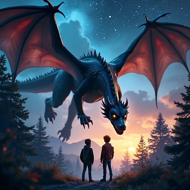 The cover features a close-up shot of a majestic dragon in flight, with its wings spread wide against a dark, starry background. In the foreground, two 17-year-old boys are standing at the edge of a mystical forest, watching in awe. The dragon's scales shimmer in different shades of black and dark blue, giving it an otherworldly appearance.