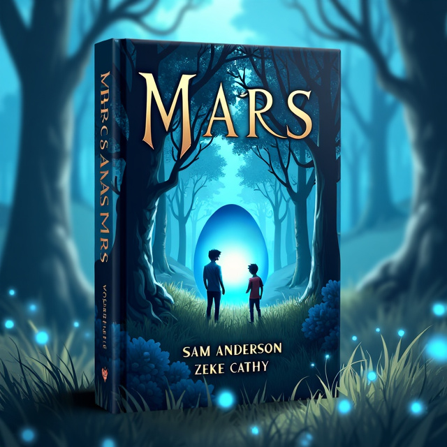 The cover features a stunning illustration of a dragon egg nestled in the grass of a magical forest. Two teenage boys are depicted, standing nearby and staring in awe at the egg. The colors are predominantly shades of blue, creating a sense of mystique and wonder.