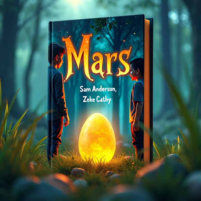 The cover features a small dragon egg placed in the grass in a mystical forest. Two teenage boys are shown staring at the egg with wonder and awe. The overall visual style is vibrant and dynamic, with the colors of the forest and the magical glow emanating from the egg creating a sense of amazement.