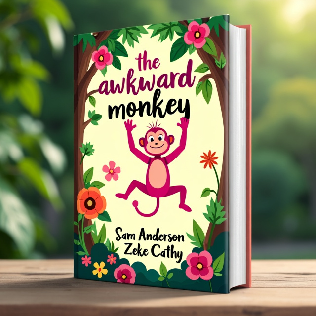 A playful and whimsical illustration of a pink monkey swinging from a tree branch, surrounded by vibrant flowers and foliage.