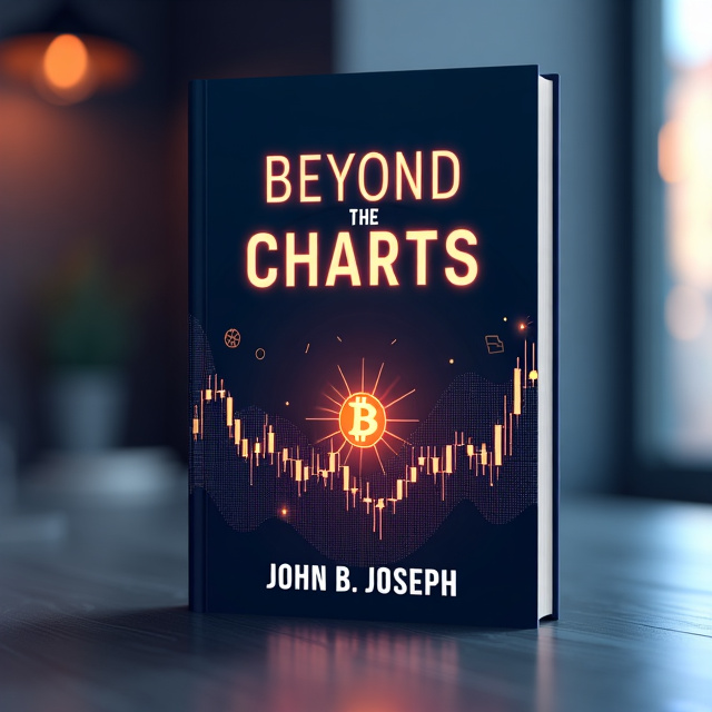 The title "Beyond the Charts" is bold and centered at the top with a glowing effect. Subtle candlestick charts and digital graphs flow across the background, fading into blockchain patterns on the edges. In the center, a futuristic trading signal icon glows faintly. The bottom section features a subtle gradient with abstract lines symbolizing market trends and progress.