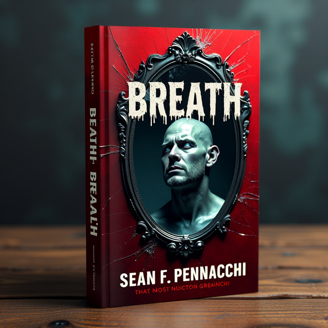 The cover features a photorealistic image of a twisted mirror reflecting the image of a man without a mouth. The mirror is cracked and distorted, creating a sense of unease and horror. The colors used are primarily red and black, enhancing the dark and scary atmosphere.