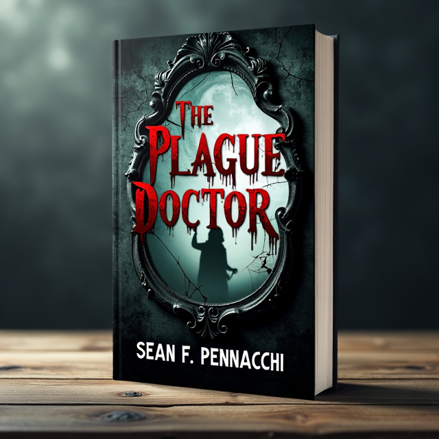 The cover features a photorealistic image of a twisted mirror, reflecting a haunting image of The Plague Doctor. The mirror is cracked and distorted, enhancing the sense of horror and unease.