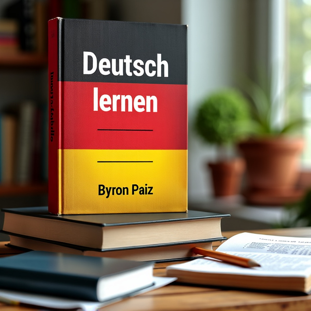 The German flag will be the main element, with a faded image of a language textbook in the background. On top of the flag, there will be various learning tools such as a dictionary, a pencil, and a language exercise book.