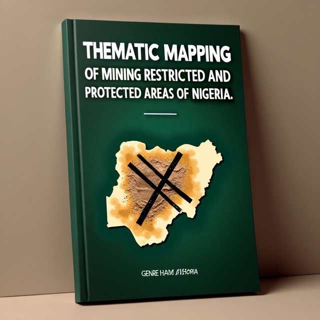 The cover design features a dark green background with a subtle texture, representing the earth and mining. A map of Nigeria is placed in the center, with highlighted restricted and protected areas depicted in white. Overlapping the map, there is an image of a mining site, crossed out with black diagonal lines, symbolizing the protection of these areas.