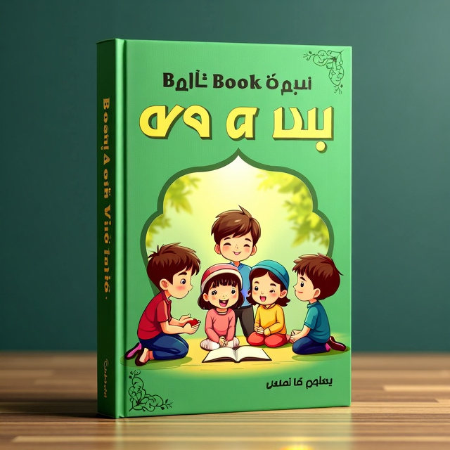 A vibrant green book cover with a cartoon illustration of children learning about religious teachings. The illustration shows a diverse group of children engaged in activities such as reading, praying, and listening to a teacher. The title of the book is prominently displayed at the top, while the author's name is placed at the bottom. The background is filled with subtle patterns and textures to add depth to the design.