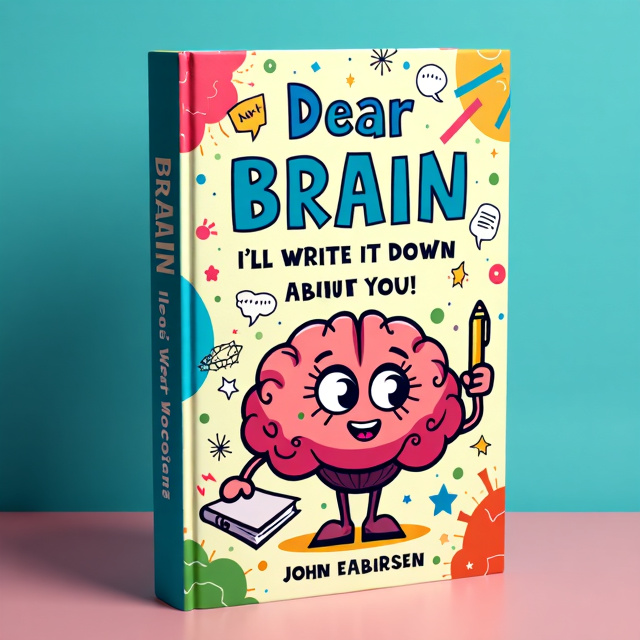 The cover features a close-up image of a brain with a humorous twist. The brain is depicted as a cartoon character with a mischievous expression, holding a pen and a notebook. The background is vibrant and colorful, with doodles and scribbles representing the creative process of writing.