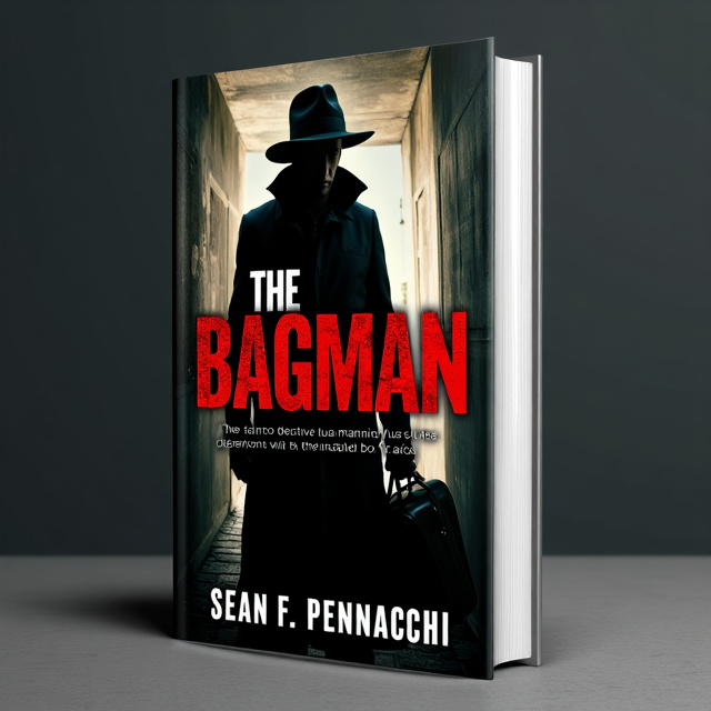 A dark, atmospheric background with a silhouette of a bagman lurking in the shadows. The title "The Bagman" is prominently displayed in bold red letters, with the author name, Sean F. Pennacchi, appearing in smaller black font beneath it. Detective Laura Manning is depicted in a dramatic pose, holding a magnifying glass and peering into the distance.