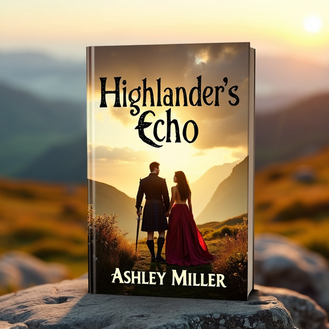 The cover features a picturesque highland landscape with rolling hills in the background. In the foreground, a couple dressed in traditional Scottish attire stands side by side, gazing into the distance. The male figure holds a sword, symbolizing adventure and protection, while the female figure's hair flows in the wind, representing passion and freedom. Soft ethereal light illuminates the scene, adding a touch of mystery and intrigue.