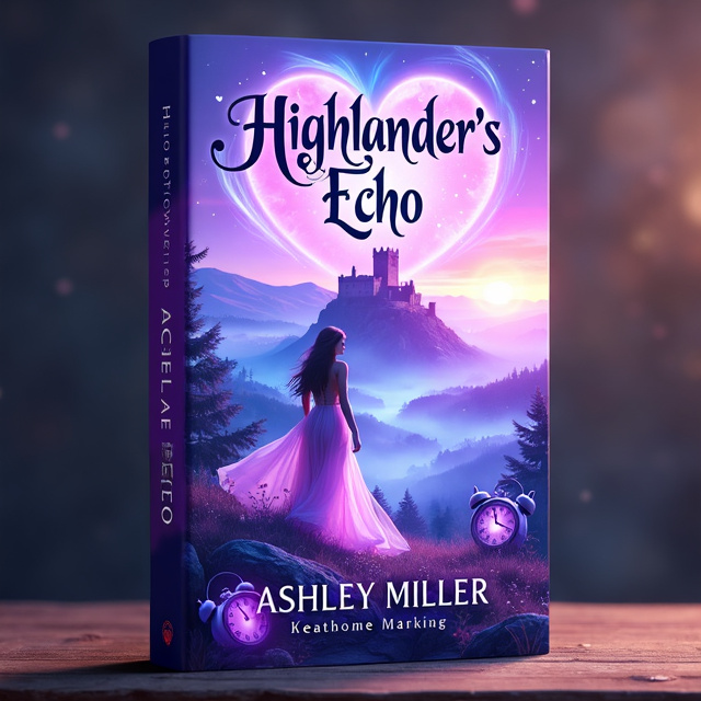 The cover features a mystical highland landscape in soft pastel colors. In the foreground, a strong female character in a flowing dress stands in a pose suggesting movement. The background showcases a castle perched upon rolling hills. Swirling magical energy surrounds the scene, with glowing circles of energy symbolizing time travel. Clocks are scattered throughout, emphasizing the time-related element of the story.