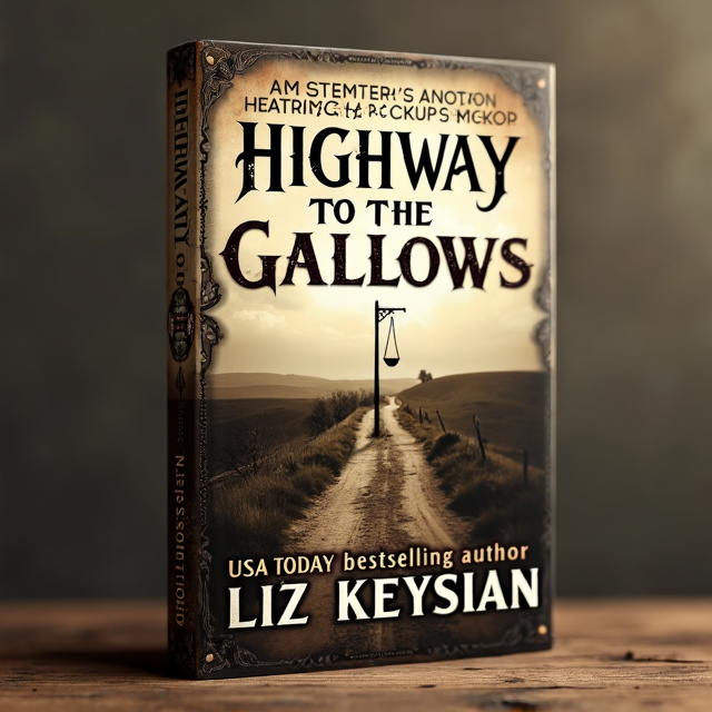standing book mockup, Its title is "Highway to the Gallows". Its author name is USA TODAY bestselling author Liz Keysian.  A haunting scene of a dirt road winding across a bleak moor, with a gothic-style border framing the image. In the center stands a menacing gibbet, casting a long shadow over the landscape. The sepia color palette adds to the historical atmosphere, while emphasizing the theme of death and fear. The book title "Highway to the Gallows" is displayed in a bold and gothic font, with an aged texture to match the historical setting. The author's name, "USA TODAY bestselling author Liz Keysian," is placed below in a more elegant and refined font., The book title and author's name are positioned at the top and bottom of the cover, respectively, to ensure prominence and readability. The visual elements are given ample space to create a sense of depth and drama.
